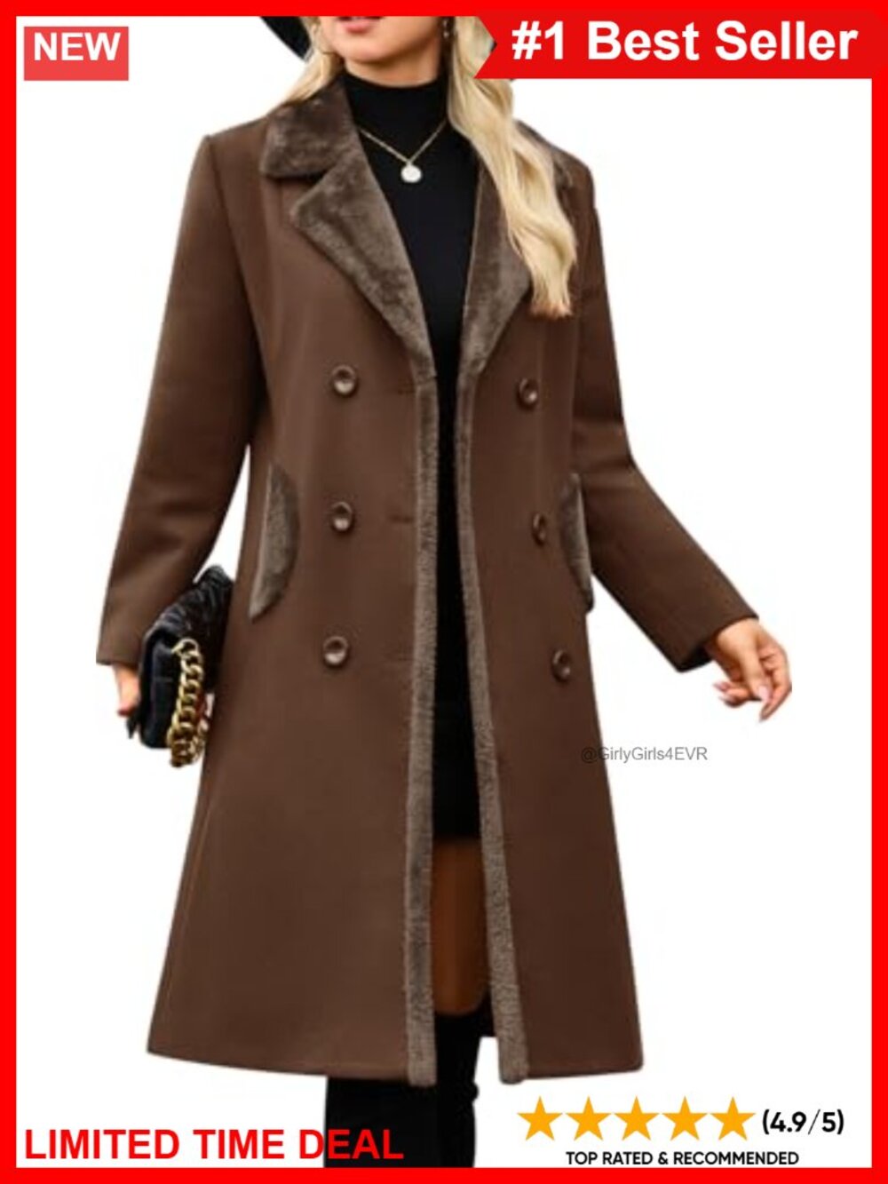 Women's Double Breasted Pea Coat Faux Fur Collar Notch Lapel Slim Fit Poly